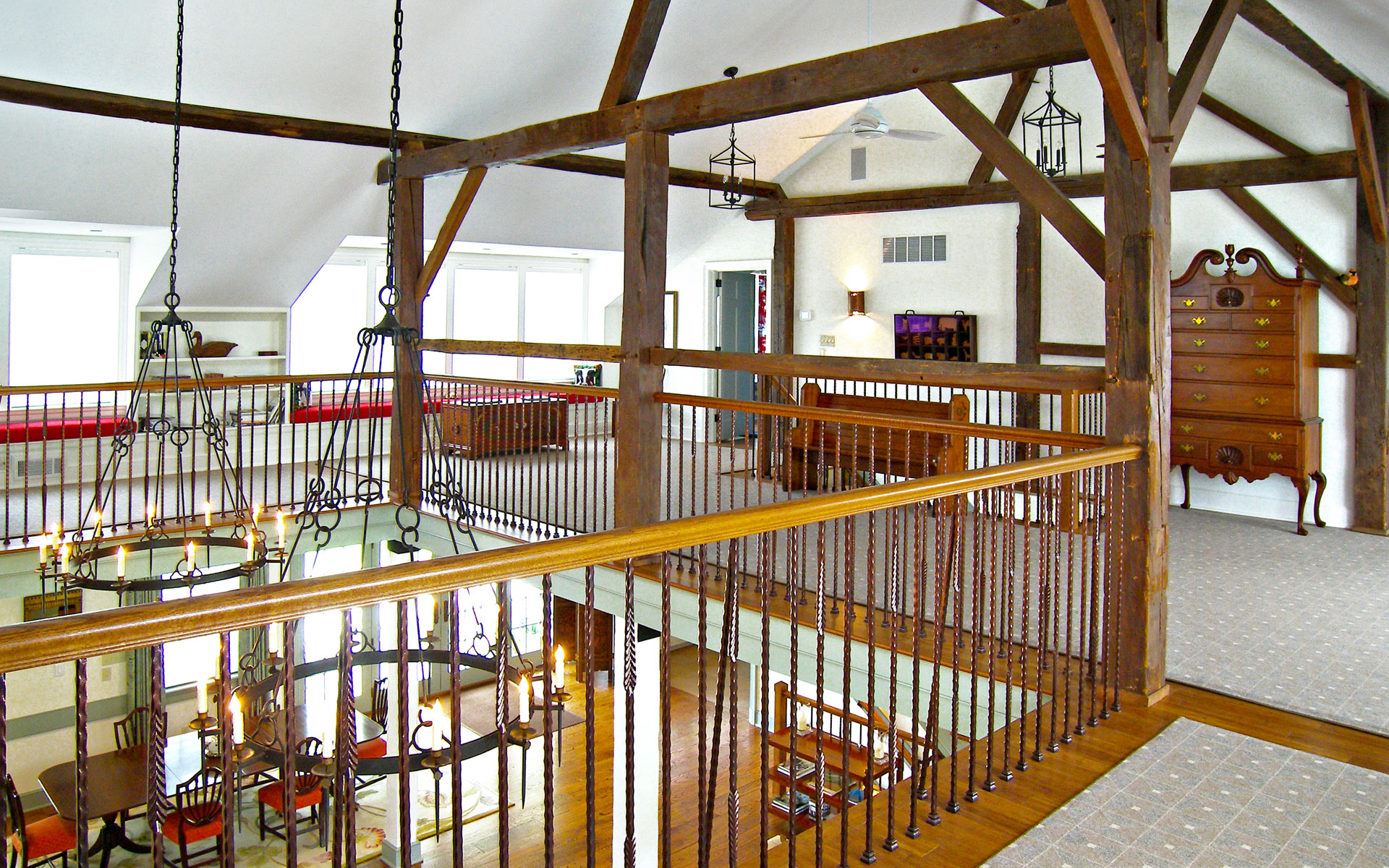 View of barn living room from upstairs mezzanine