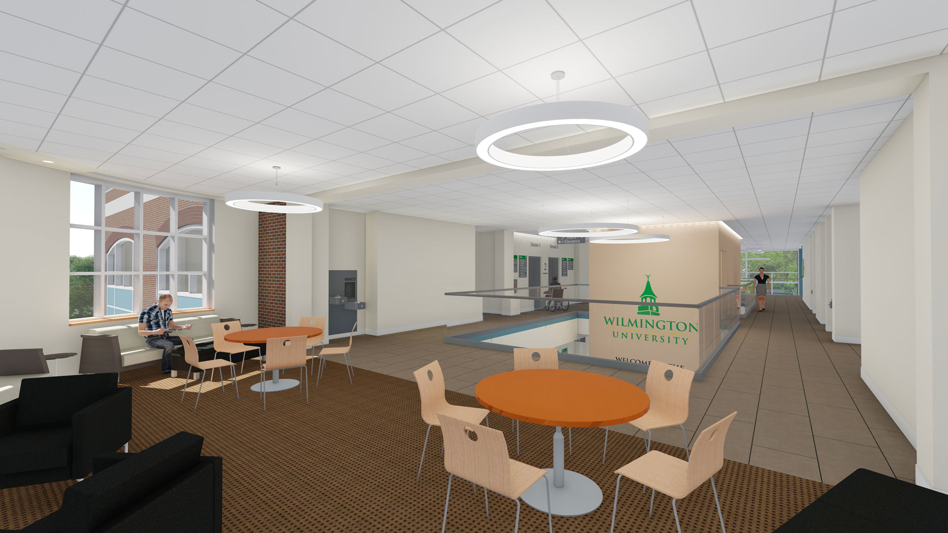 3-D renedering of the second floor student commons area- Wilmington University