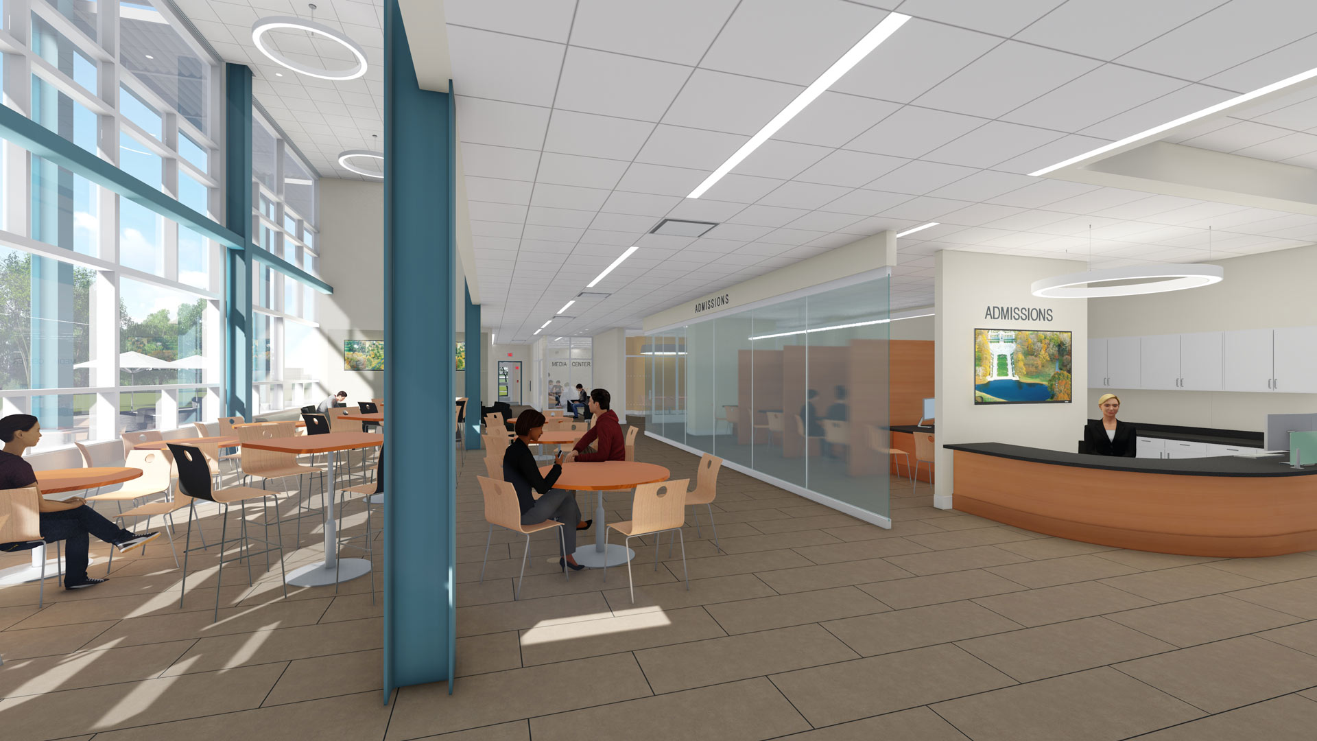 3-D rendering of student commons and admissions area
