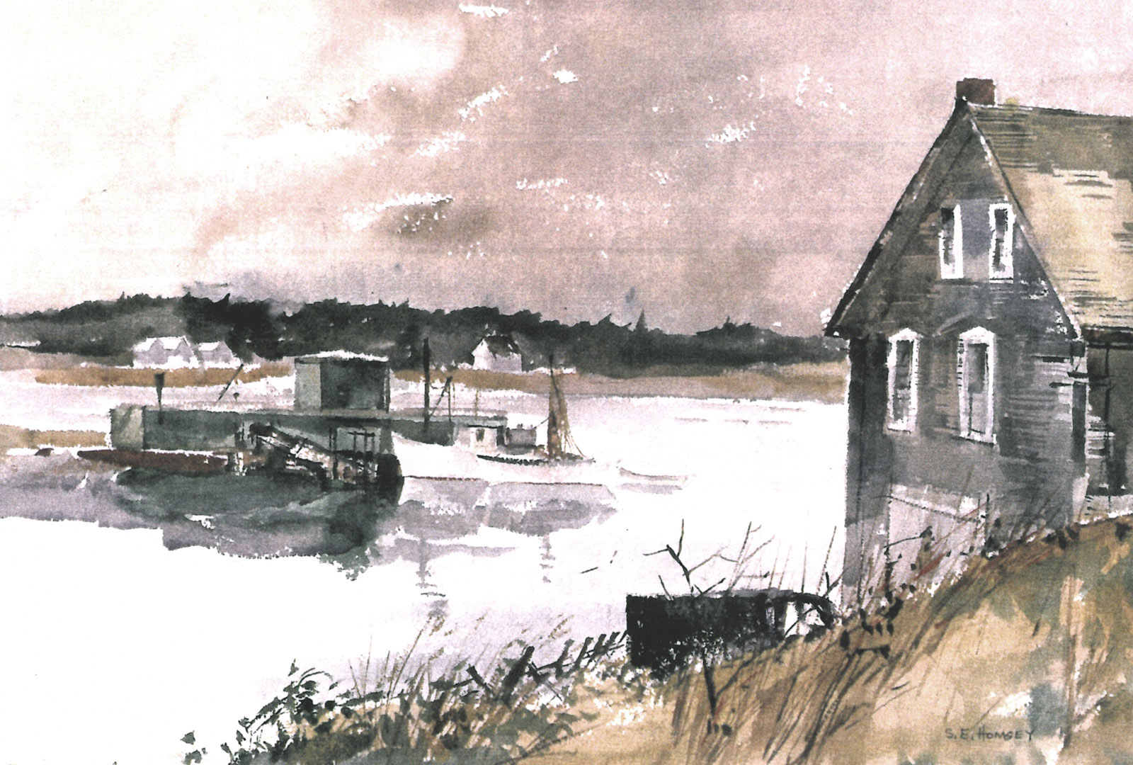 Watercolor scene with cottage and boats