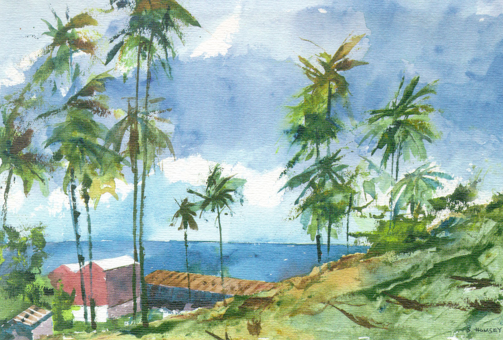 Tropical watercolor scene with palms from St Vincent