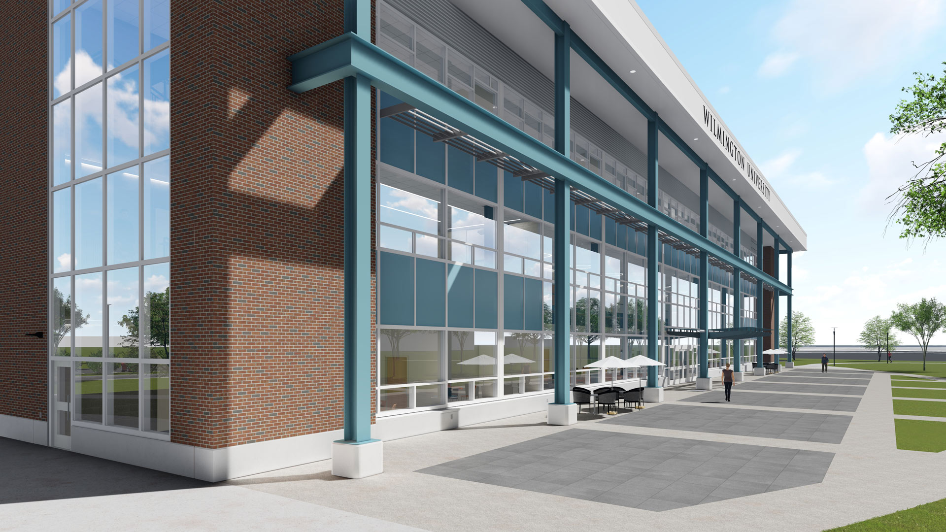 3-D rendering of main building and patio- Wilmington University